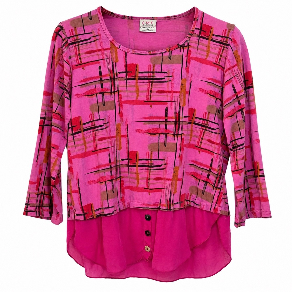 CMC Color Me Cotton Pink Abstract Print Layered Hem Top 3/4 Sleeve Small USA